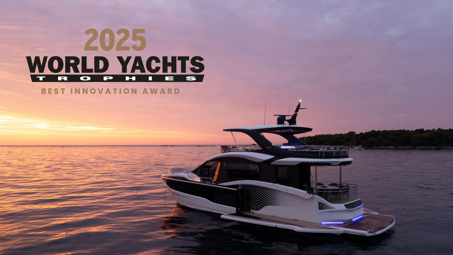 25m Galeon 800 Fly power yacht by Tony Castro Yachts cruising at sunset with sleek modern profile and illuminated superstructure reflected on calm water
