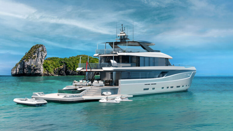 43m Bahamas superyacht concept inspired by the Bahamas with tropical design influence, open deck spaces, and luxury cruising layout