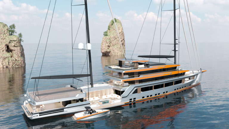 75m Peregrine Luxe motor-sailer superyacht concept inspired by the peregrine bird symbolizing global travel and freedom, designed for ocean exploration and expedition cruising on open seas