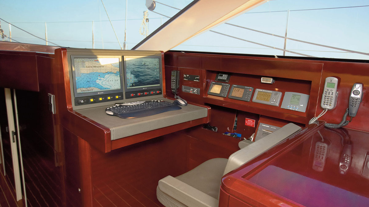 25m CNB Simeron sail custom yacht by Tony Castro Yachts with white hull and crew on deck, sailing under full canvas with European flag flying on sparkling open sea
